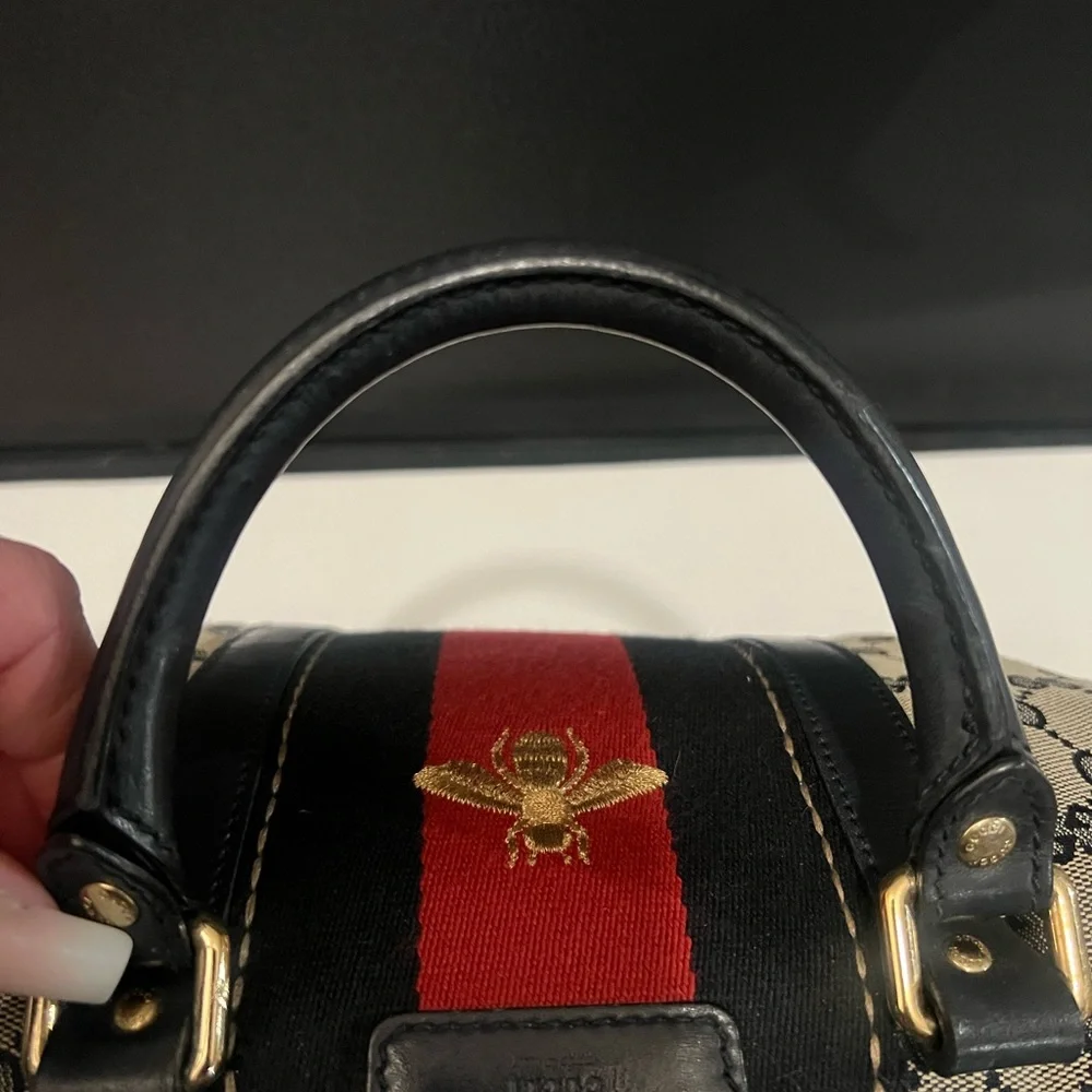 Gucci Beige GG Canvas Satchel with Red and Navy Web and Gold Bee - Picture 9 of 10